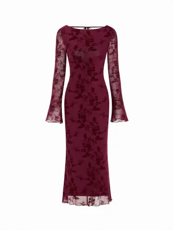 Velvet Boat Neck Floral Lace Backless Tie Back Maxi Dress